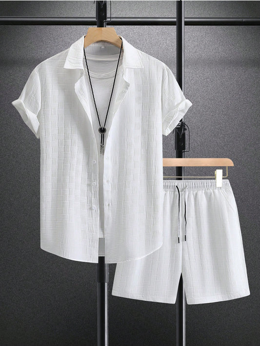 Men's Solid Button Up Shirt & Shorts Set