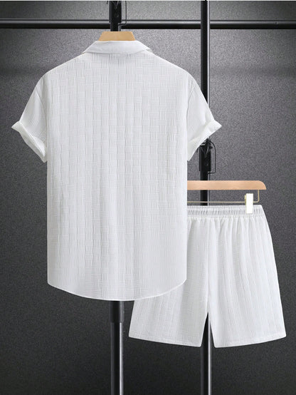 Men's Solid Button Up Shirt & Shorts Set