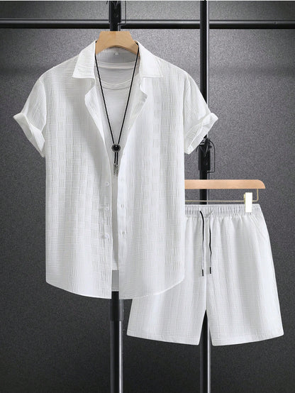 Men's Solid Button Up Shirt & Shorts Set